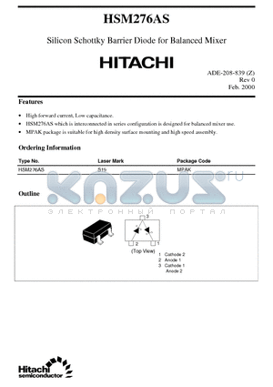 HSM276AS datasheet - Silicon Schottky Barrier Diode for Balanced Mixer