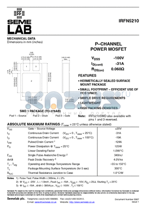 IRFN5210 datasheet - P-CHANNEL POWER MOSFET
