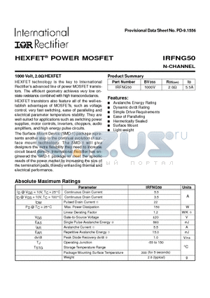 IRFNG50 datasheet - POWER MOSFET N-CHANNEL(BVdss=1000V, Rds(on)=2.0ohm, Id=5.5A)