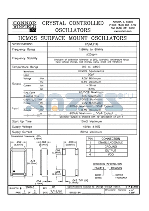 HSM316-50.00M datasheet - HCMO SURFACE MOUNT OSCILLATORS