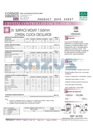 HSM343 datasheet - 3.3V SURFACE MOUNT 7.5x5mm CRYSTAL CLOCK OSCILLATOR