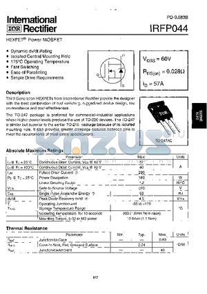 IRFP044 datasheet - Power MOSFET(Vdss=60V, Rds(on)=0.028ohm, Id=57A)