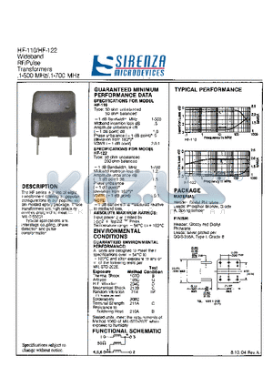 HF-110 datasheet - Wideband RF/Pulse Transformer 1-500 MHz/1-700 MHz