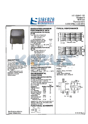 HF-128 datasheet - Wideband RF/Pulse Transformer 5-200 MHz/1-100 MHz