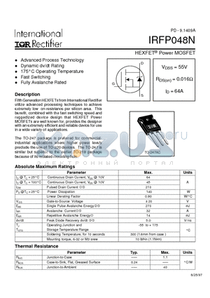 IRFP048N datasheet - Power MOSFET(Vdss=55V, Rds(on)=0.016ohm, Id=64A)