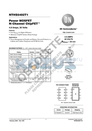 NTHS5402T1 datasheet - Power MOSFET N−Channel ChipFET-TM