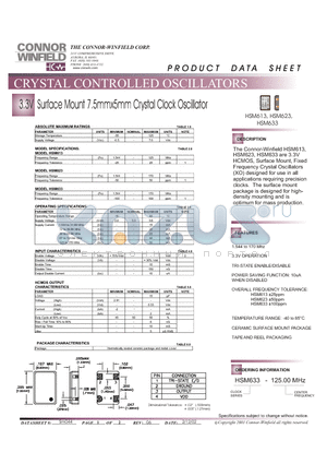 HSM623 datasheet - CRYSTAL CONTROLLED OSCILLATORS 3.3V Surface Mount 7.5mmx5mm Crystal Clock Oscillator