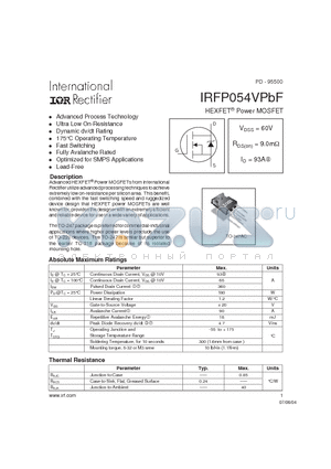 IRFP054VPBF datasheet - HEXFET^ Power MOSFET ( VDSS = 60V , RDS(on) = 9.0mY , ID = 93A )