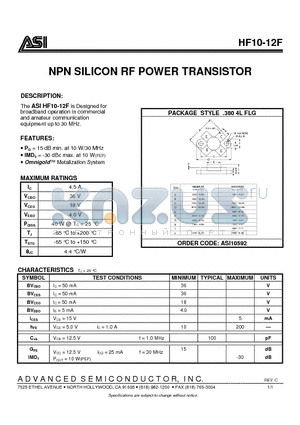 HF10-12F datasheet - NPN SILICON RF POWER TRANSISTOR