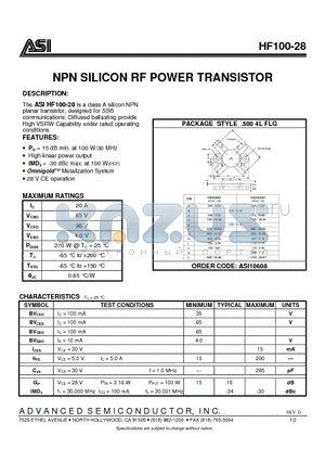 HF100-28 datasheet - NPN SILICON RF POWER TRANSISTOR