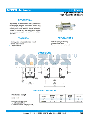 HF05-B54-6 datasheet - High Frequency and High Power Reed Relays