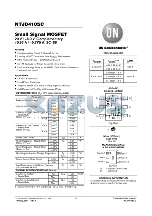 NTJD4105CT1 datasheet - Small Signal MOSFET 20 V / −8.0 V, Complementary, 0.63 A / −0.775 A, SC−88