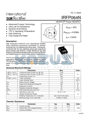 IRFP064N datasheet - Power MOSFET(Vdss=55V, Rds(on)=0.008ohm, Id=110A)