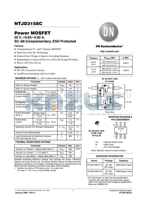 NTJD3158CT1G datasheet - Power MOSFET 20 V, 0.63/-0.82 A, SC-88 Complementary, ESD Protected