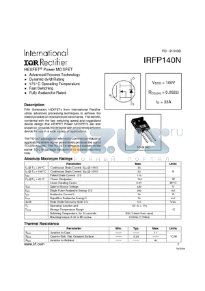 IRFP140N datasheet - Power MOSFET(Vdss=100V, Rds(on)=0,052ohm, Id=33A)