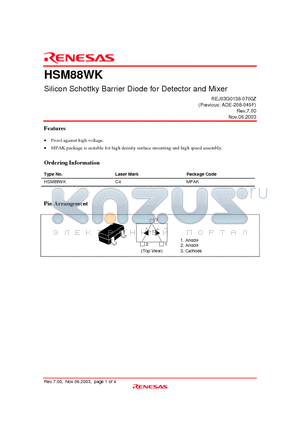 HSM88WK datasheet - Silicon Schottky Barrier Diode for Detector and Mixer