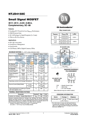 NTJD4158CT1G datasheet - Small Signal MOSFET 30 V/−20 V, 0.25/−0.88 A, Complementary, SC−88