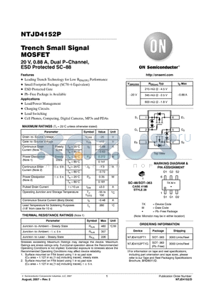 NTJD4152PT1 datasheet - Trench Small Signal MOSFET 20 V, 0.88 A, Dual P-Channel, ESD Protected SC-88