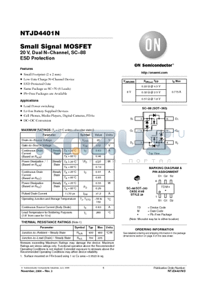 NTJD4401NT1 datasheet - Small Signal MOSFET 20 V, Dual N-Channel, SC-88 ESD Protection