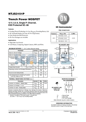 NTJS3151P datasheet - Trench Power MOSFET 12 V, 3.3 A, Single P−Channel, ESD Protected SC−88