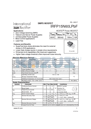 IRFP15N60LPBF datasheet - SMPS MOSFET
