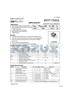 IRFP17N50L datasheet - Power MOSFET(Vdss=500V, Rds(on)typ.=0.28ohm, Id=16A)