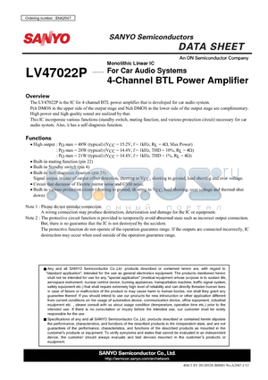 LV47022P datasheet - Monolithic Linear IC For Car Audio Systems 4-Channel BTL Power Amplifier