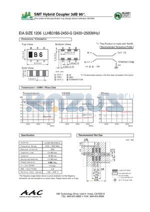 LLHB31B6-2450-G datasheet - SMT Hybrid Coupler 3dB 90`.