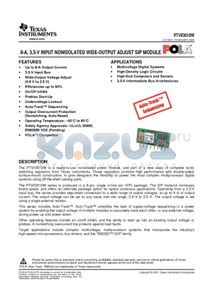 PTV03010W datasheet - 8-A, 3.3-V INPUT NONISOLATED WIDE-OUTPUT ADJUST SIP MODULE