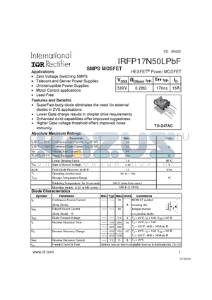 IRFP17N50LPBF datasheet - SMPS MOSFET HEXFET^Power MOSFET