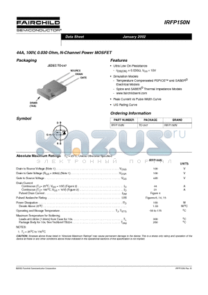 IRFP150N datasheet - 44A, 100V, 0.030 Ohm, N-Channel Power MOSFET