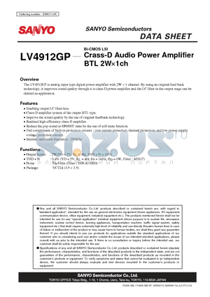 LV4912GP datasheet - Bi-CMOS LSI Crass-D Audio Power Amplifier BTL 2W1ch