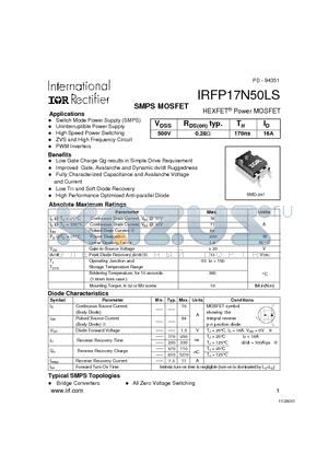 IRFP17N50LS datasheet - Power MOSFET(Vdss=500V, Rds(on)typ.=0.28ohm, Id=16A)