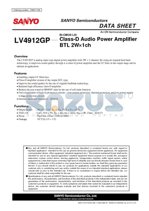 LV4912GP datasheet - Class-D Audio Power Amplifier BTL 2W1ch