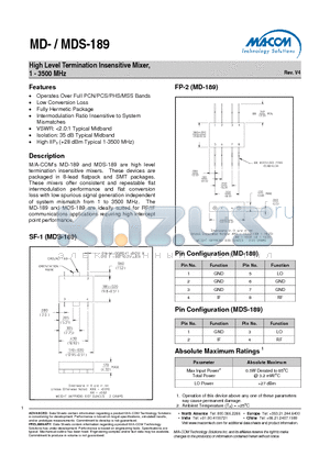 MDS-189 datasheet - High Level Termination Insensitive Mixer, 1 - 3500 MHz