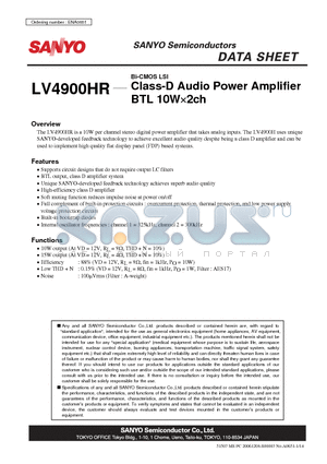 LV4900HR datasheet - Bi-CMOS LSI Class-D Audio Power Amplifier BTL 10W2ch
