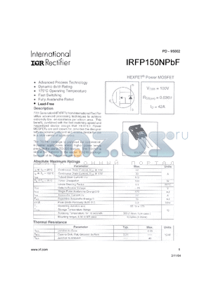 IRFP150NPBF datasheet - HEXFET^ Power MOSFET