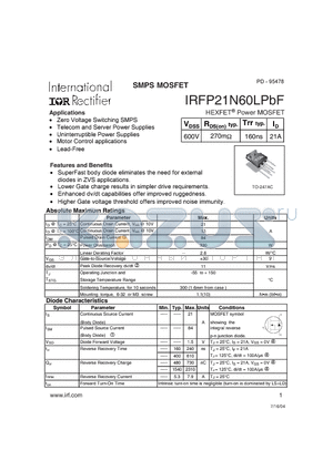 IRFP21N60LPBF datasheet - SMPS MOSFET
