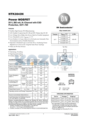 NTK3043N datasheet - Power MOSFET 20 V, 285 mA, N−Channel with ESD Protection, SOT−723