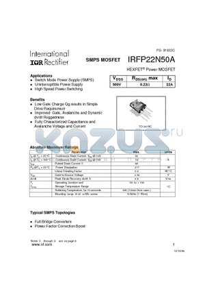 IRFP22N50A datasheet - Power MOSFET(Vdss=500V, Rds(on)max=0.23ohm, Id=22A)