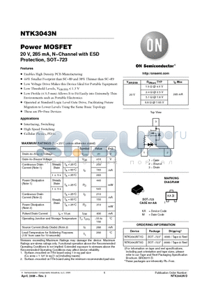 NTK3043NT5G datasheet - Power MOSFET 20 V, 285 mA, N−Channel with ESD Protection, SOT−723