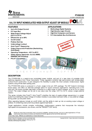 PTV05010W datasheet - 8-A, 5-V INPUT NONISOLATED WIDE-OUTPUT ADJUST SIP MODULE