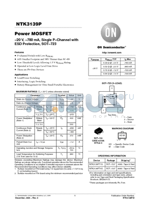 NTK3139P datasheet - Power MOSFET −20 V, −780 mA, Single P−Channel with ESD Protection, SOT−723