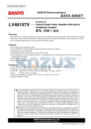 LV49157V datasheet - Bi-CMOS LSI Class-D Audio Power Amplifier with built-in Headphone Ampifier BTL 15W  2ch