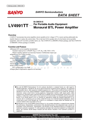 LV4991TT datasheet - Bi-CMOS IC For Portable Audio Equipment Monaural BTL Power Amplifier