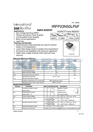 IRFP23N50LPBF datasheet - HEXFET Power MOSFET ( VDSS = 500V , RDS(on)typ. = 0.190Y , Trr typ. = 170ns , ID = 23A )