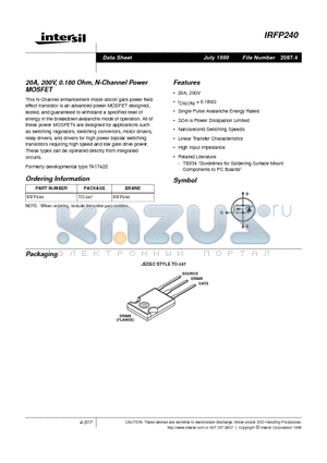 IRFP240 datasheet - 20A, 200V, 0.180 Ohm, N-Channel Power MOSFET