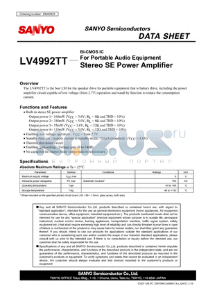 LV4992TT datasheet - Bi-CMOS IC For Portable Audio Equipment Stereo SE Power Amplifier