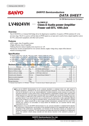 LV4924VH datasheet - Class-D Audio power Amplifier Power cell BTL 10W2ch