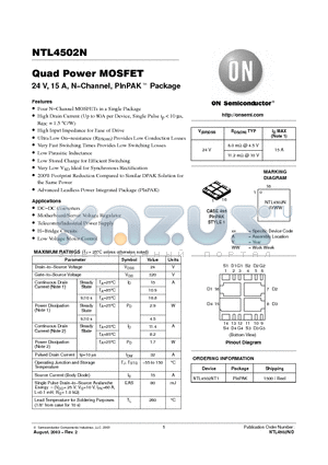 NTL4502NT1 datasheet - Quad Power MOSFET 24 V, 15 A, N−Channel, PInPAK-TM Package